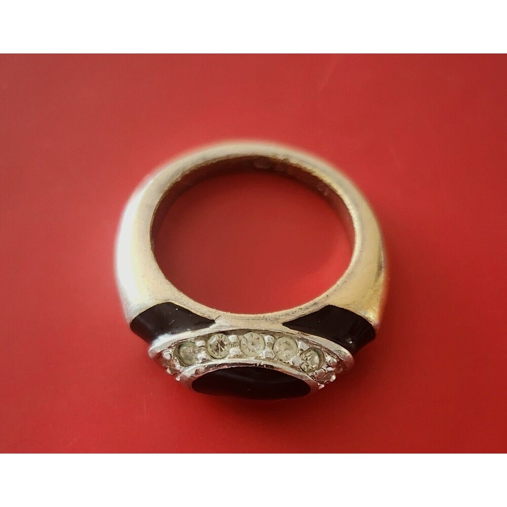 Vintage  Aurora Co 18kHge Ring Black Enamel Inlay Clear Rhinestones Sz 6.25 Wear